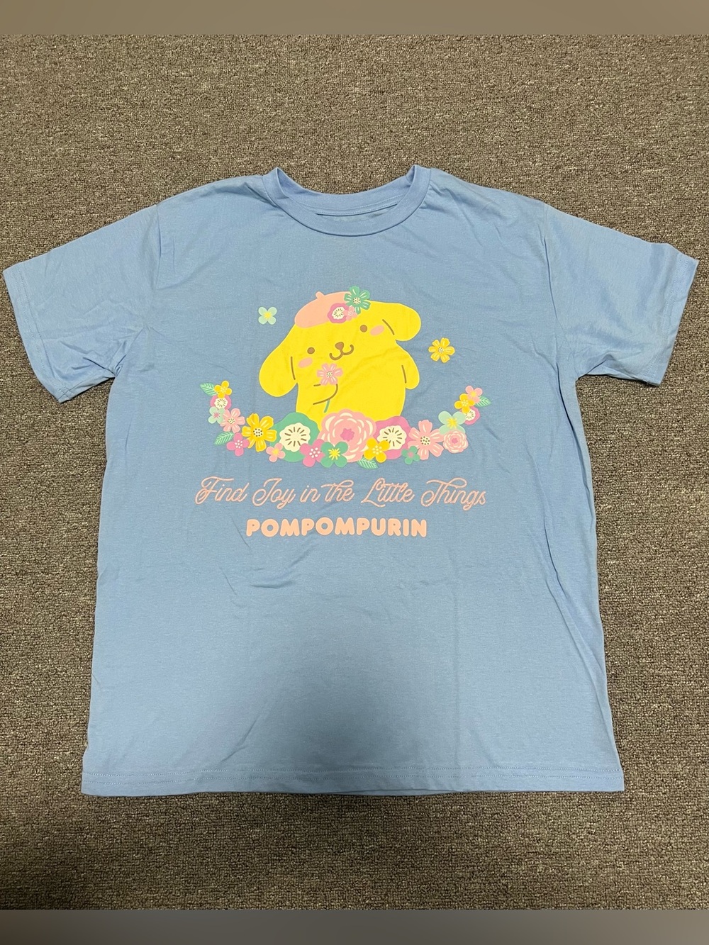 Sanrio Pompompurin Light Blue Tee with Floral Graphic Adult SM